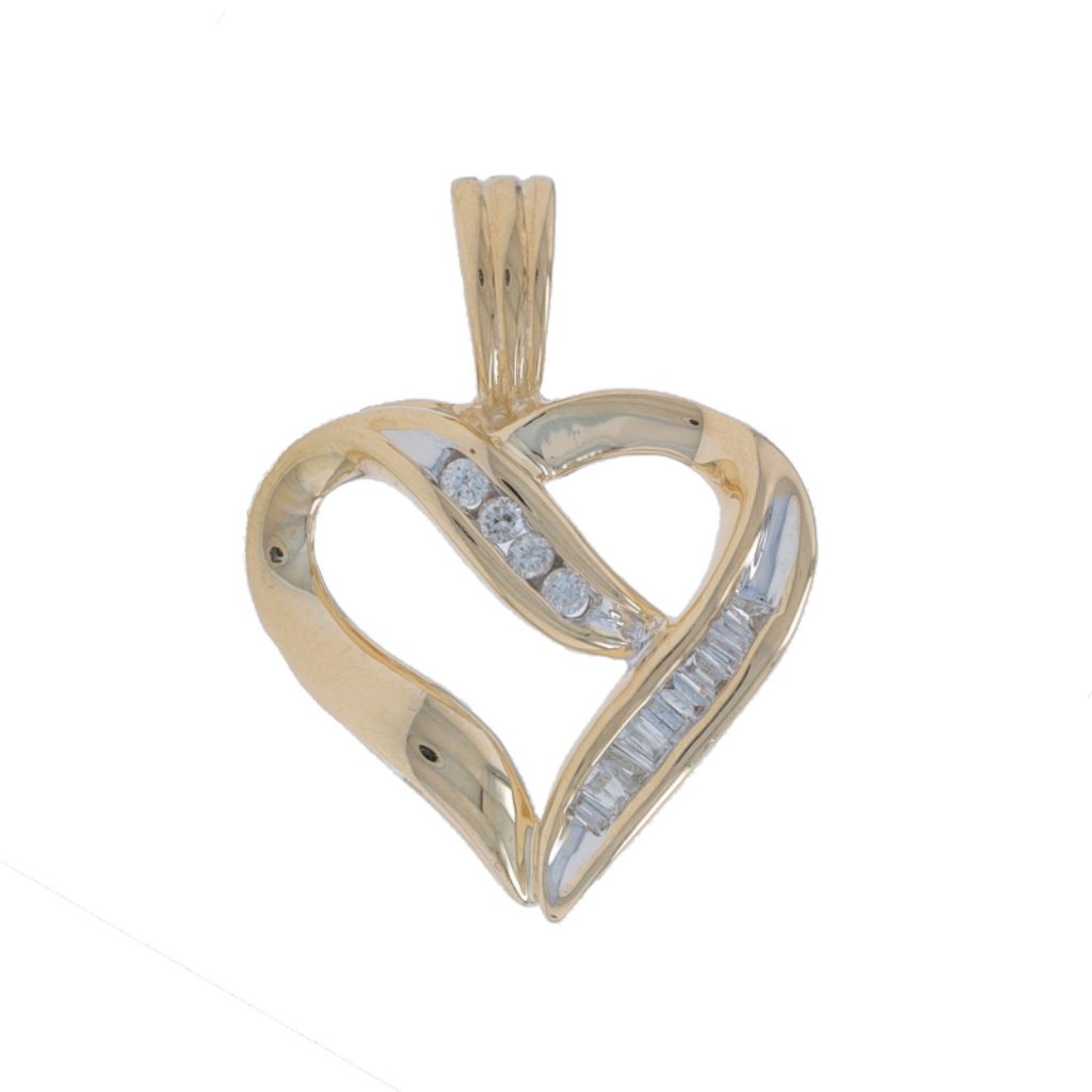 Yellow Gold Diamond Ribbon Heart Pendant - 10k Round & Baguette .10ctw Love